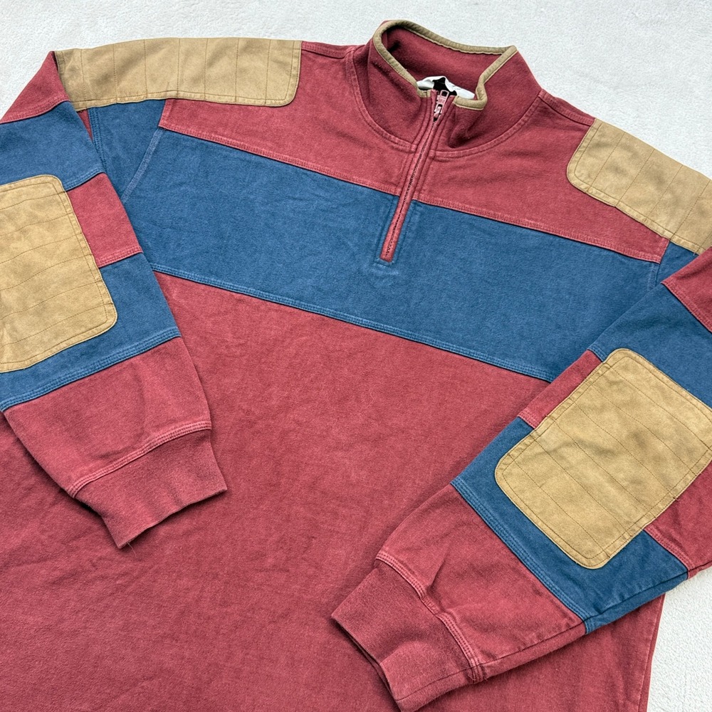 Orvis Pullover Mens L Red Blue Quarter Zip Colorblock Faux Suede Elbow Patches